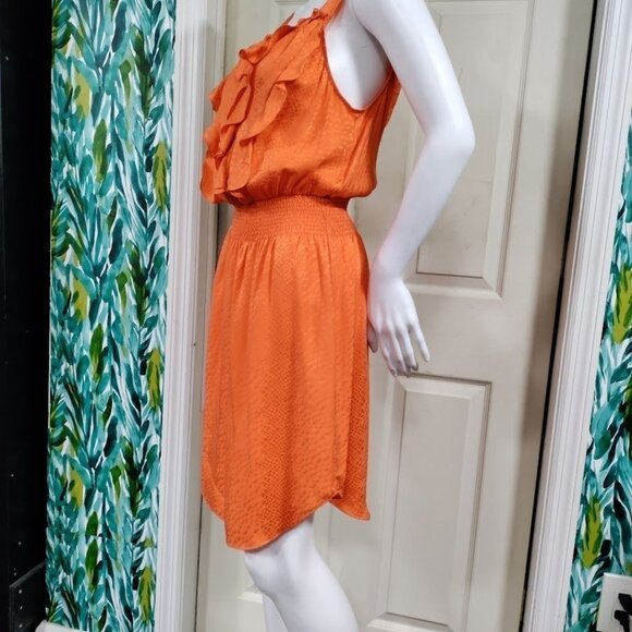 Rebecca Taylor 100% Silk Ruffled Blouson Summer Dress Vibrant Orange Women's 8 - Picture 4 of 15